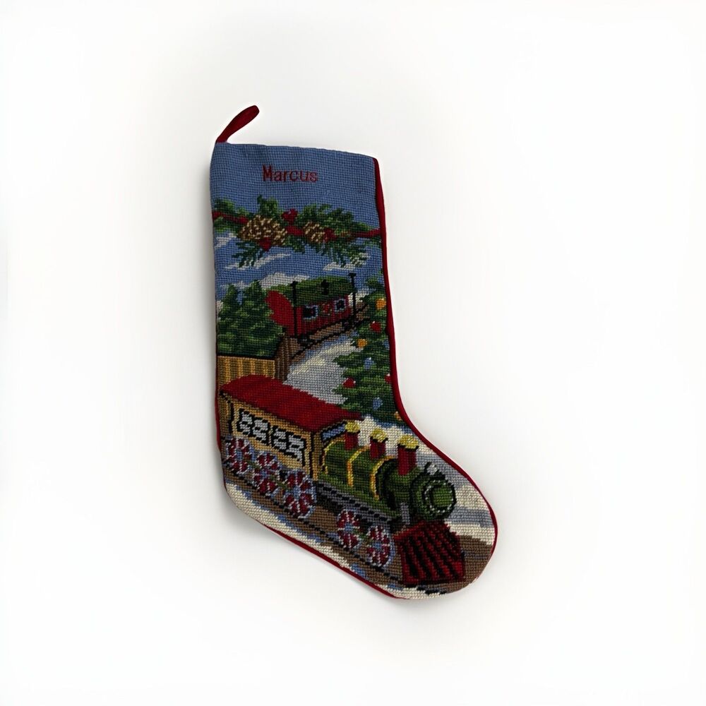 LL BEAN Needlepoint Christmas Stocking Train 100% Wool Front Marcus Holiday